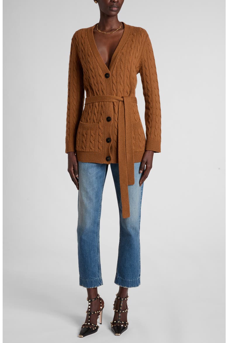 Belted Cable Stitch Cashmere Cardigan, Alternate, color, BROWN