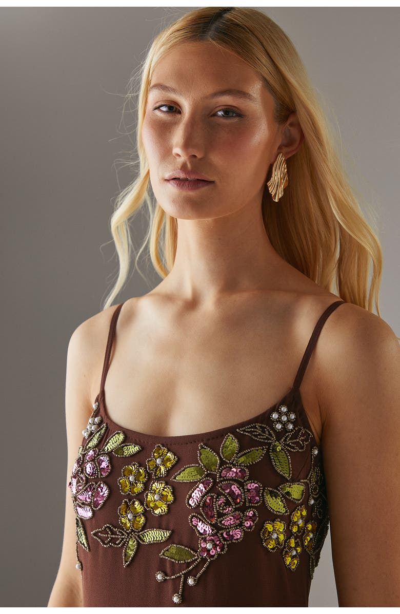 Warehouse Embellished Strappy Sequin Midi Dress, Alternate, color, Chocolate