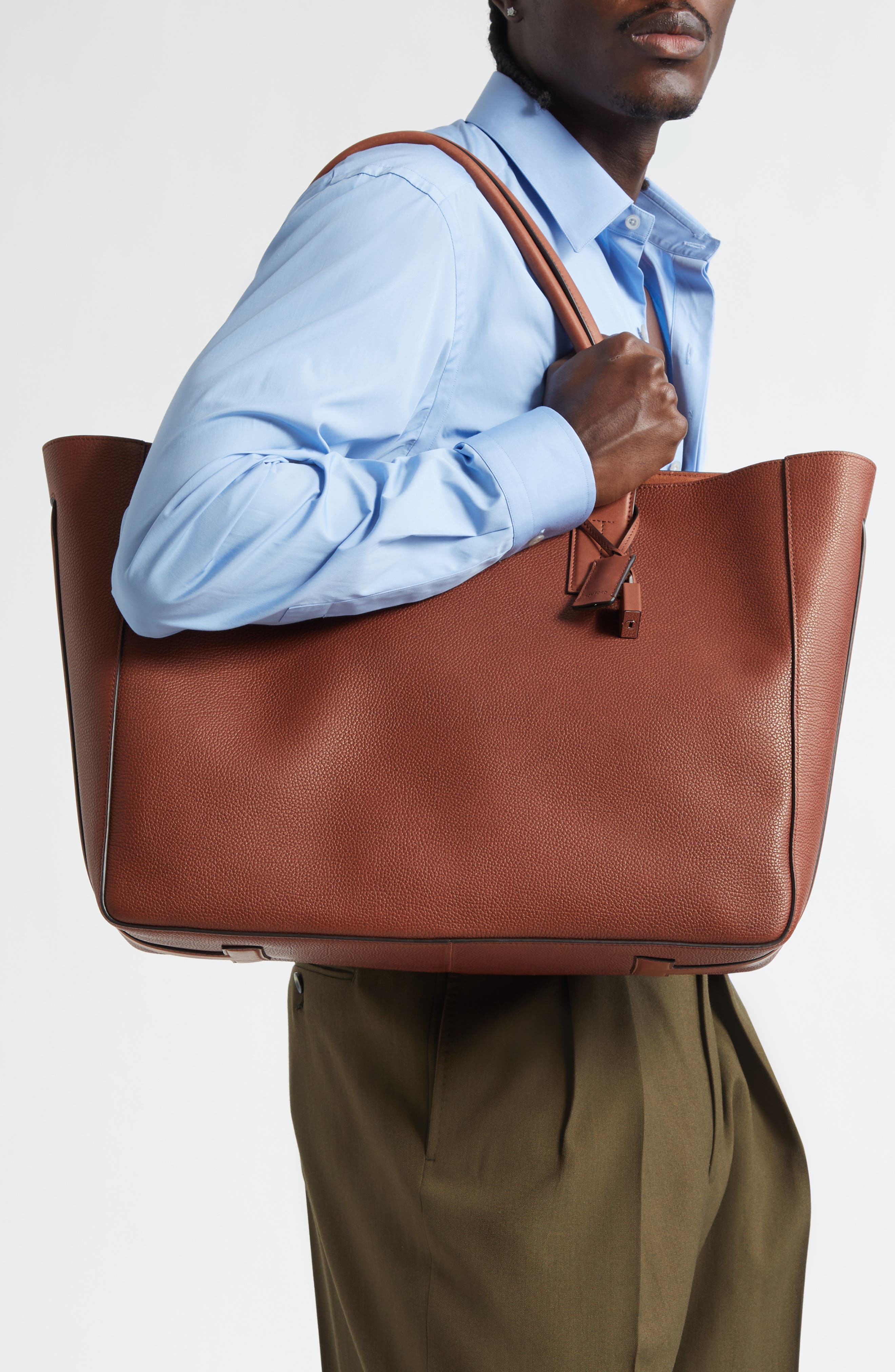 Grained Leather East/West Tote, Alternate, color, BRUNETTE