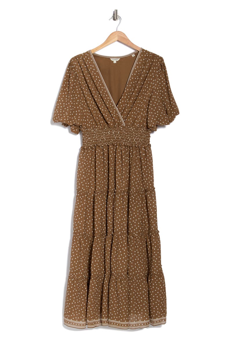 Print Puff Sleeve V-Neck Dress, Alternate, color, MOCHA/ IVORY