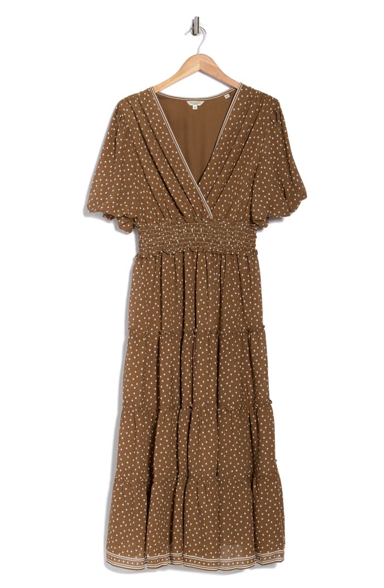 MAX STUDIO Print Puff Sleeve V-Neck Dress, Main, color, Mocha/ Ivory