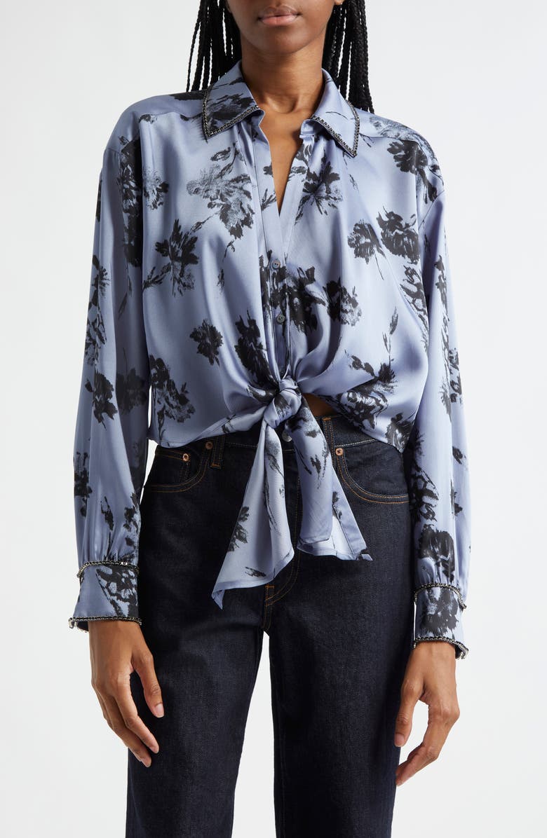 Cinq à Sept Marianna Floral Embellished Tie Front Top, Main, color, Rustic Blue Multi