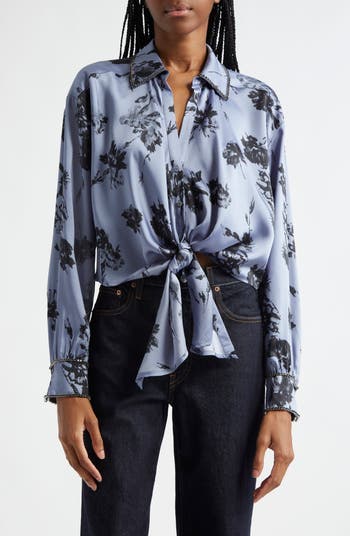 $375 NEW CINQ A SEPT FLORAL hot PRINT TIE-NECK TOP