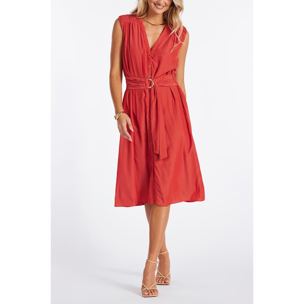 Bishop + Young Satin Belted Dress In Hibiscus In Red