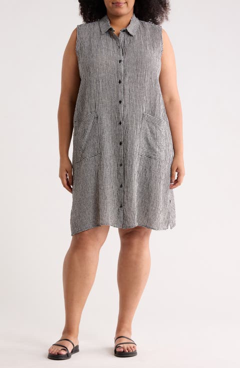 Gingham Sleeveless Organic Linen Shirtdress (Plus)