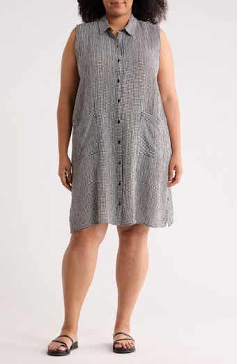 Eileen Fisher Gingham Sleeveless Organic Linen Shirtdress