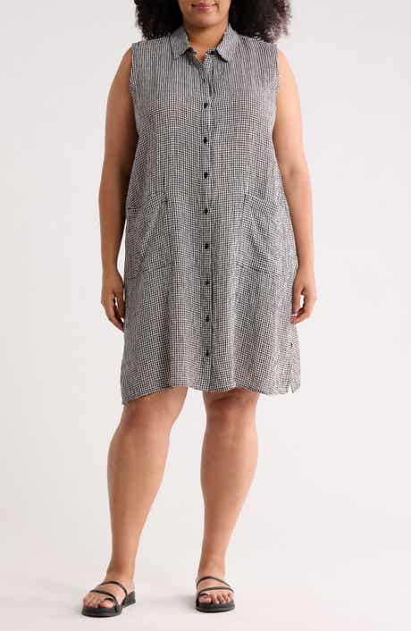 Eileen Fisher Gingham Sleeveless Organic Linen Shirtdress