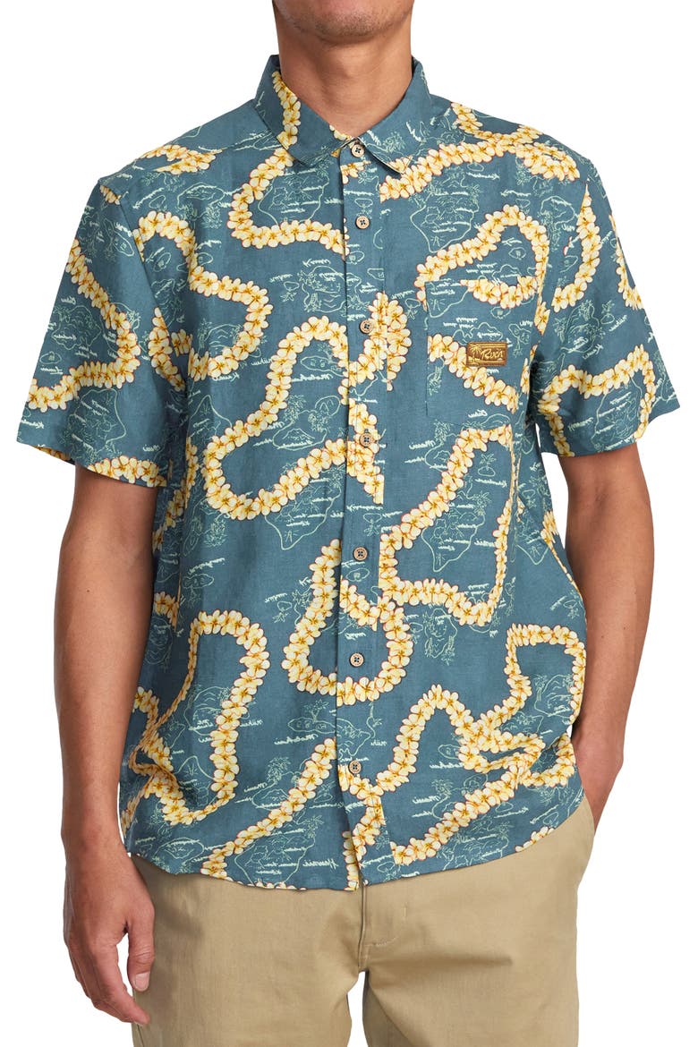 Exotica Regular Fit Floral Short Sleeve Linen Blend Button-Up Shirt, Main, color, DUCK BLUE