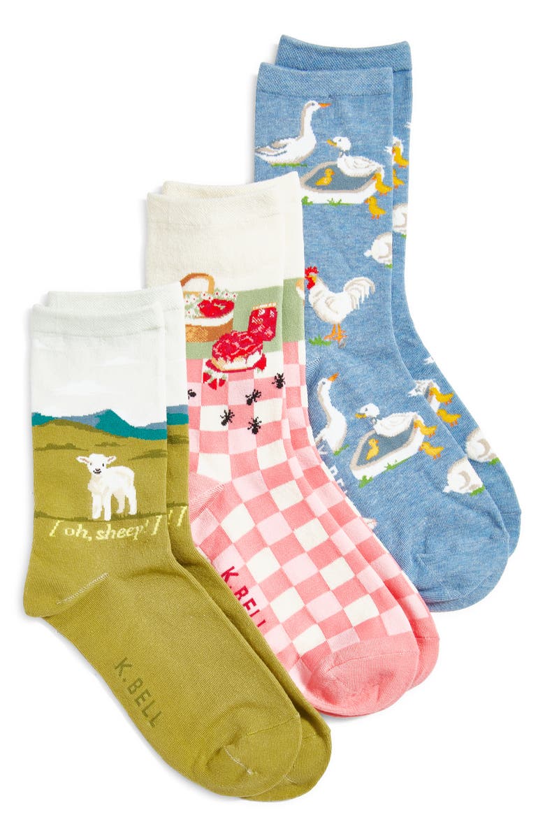 K Bell Socks Cottagecore Assorted 3-Pack Crew Socks, Main, color, 
