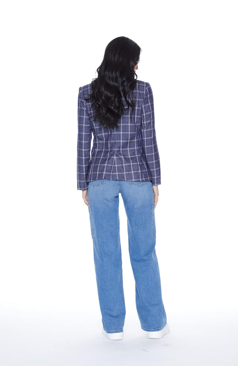 BLUE REVIVAL Hooded Helen Blazer in Navy Plaid and Heather Cement, Alternate, color, Navy Plaid / Heather Cement