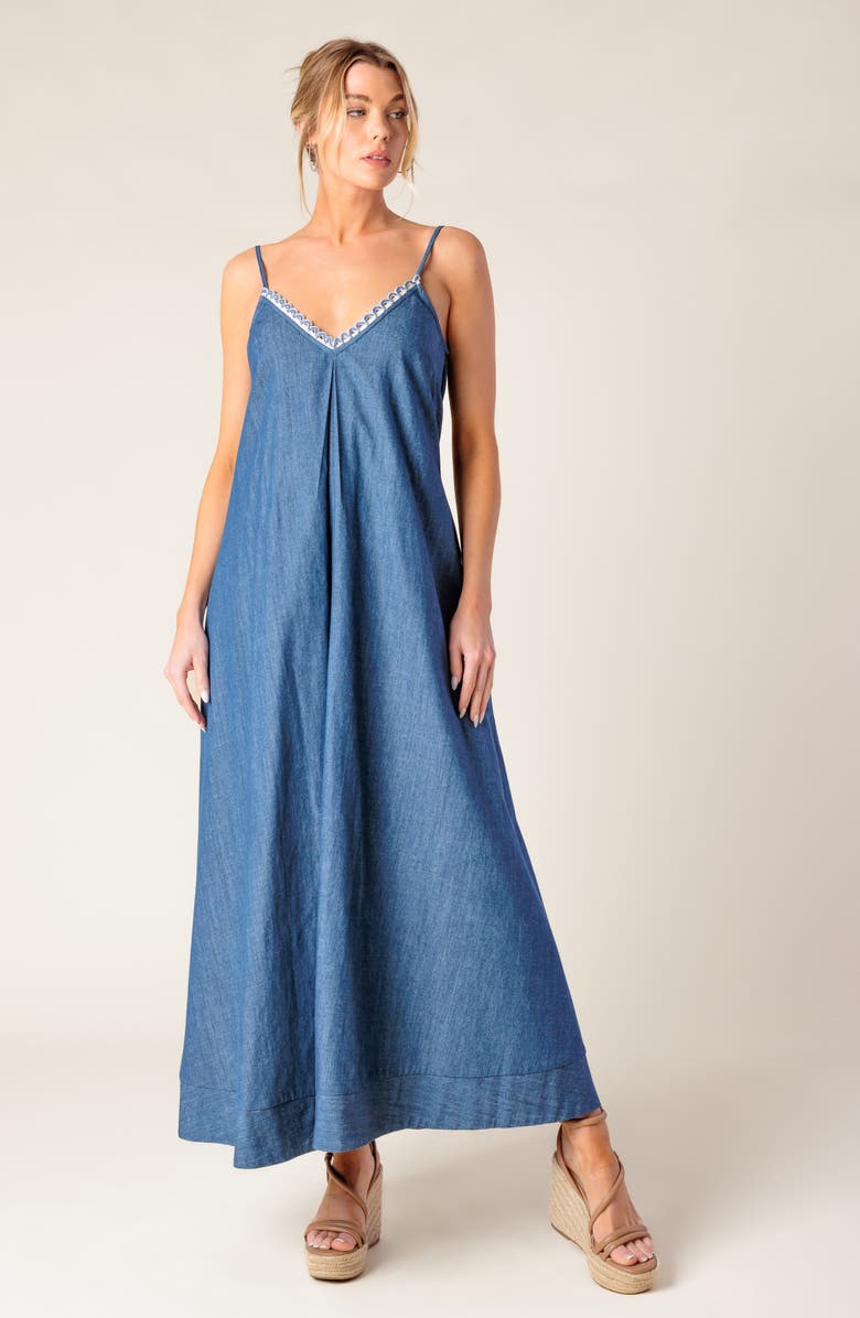 FLYING TOMATO Denim Midi Sundress, Alternate, color, Medium Indigo