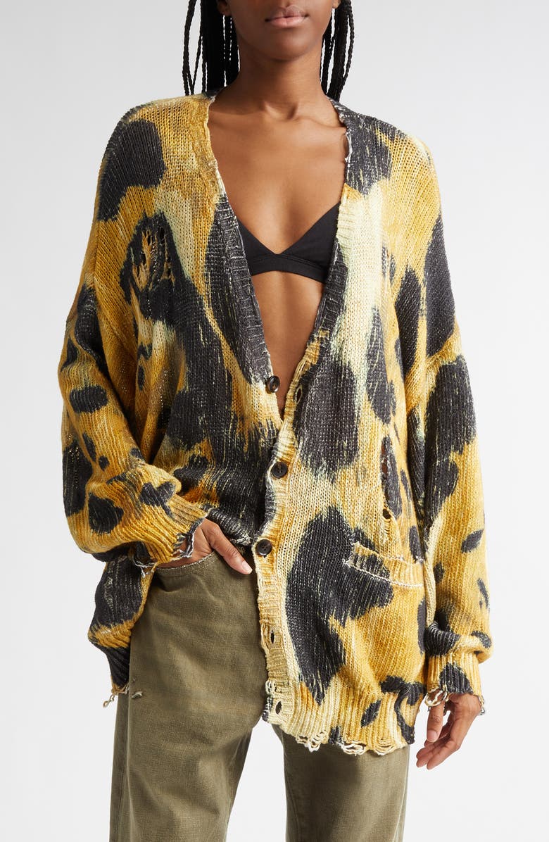 R13 Distressed Oversize Leopard Print Cardigan, Main, color, Leopard