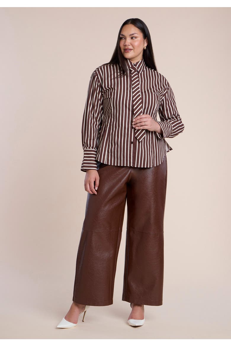 Striped Poplin Button Up Top With Tie, Alternate, color, CHOCOLATE STRIPE
