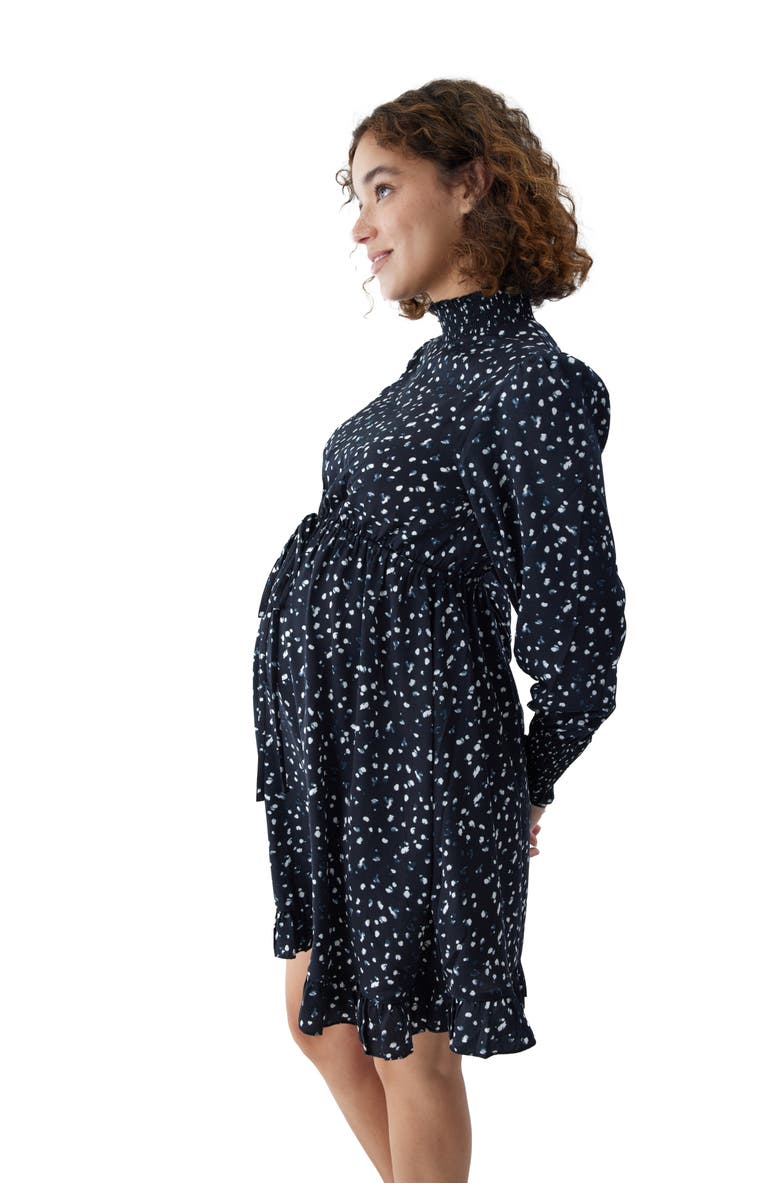 Ingrid & Isabel Maternity Smocked Mock Neck Mini Dress, Alternate, color, Black/White Dot