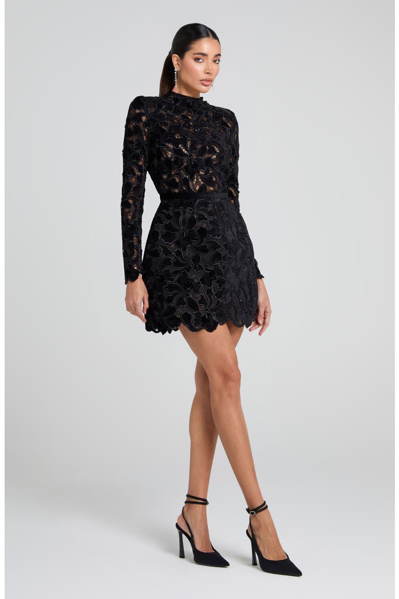 Lydia Long Sleeve Lace Overlay Cocktail Minidress, Alternate, color, BLACK