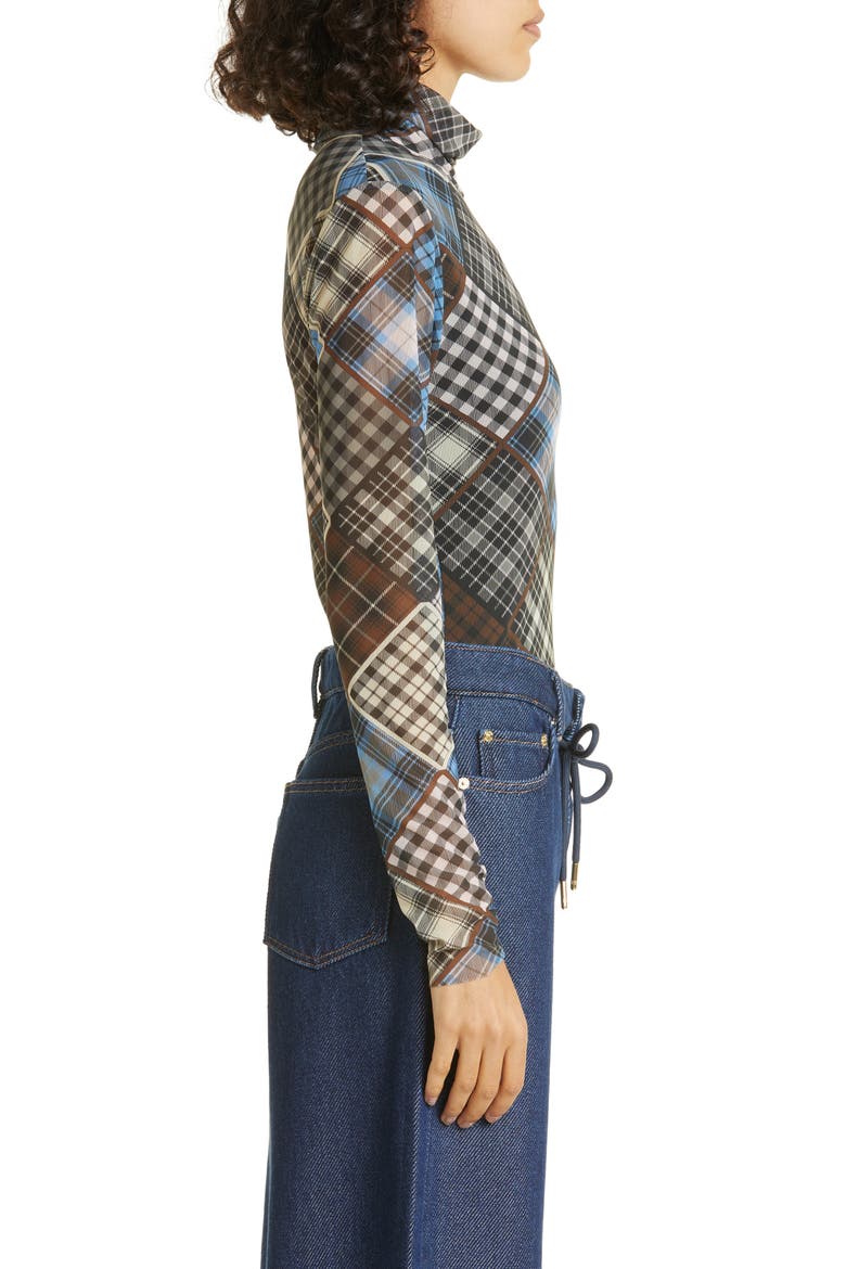 Print Turtleneck Mesh Top, Alternate, color, SILVER LAKE BLUE