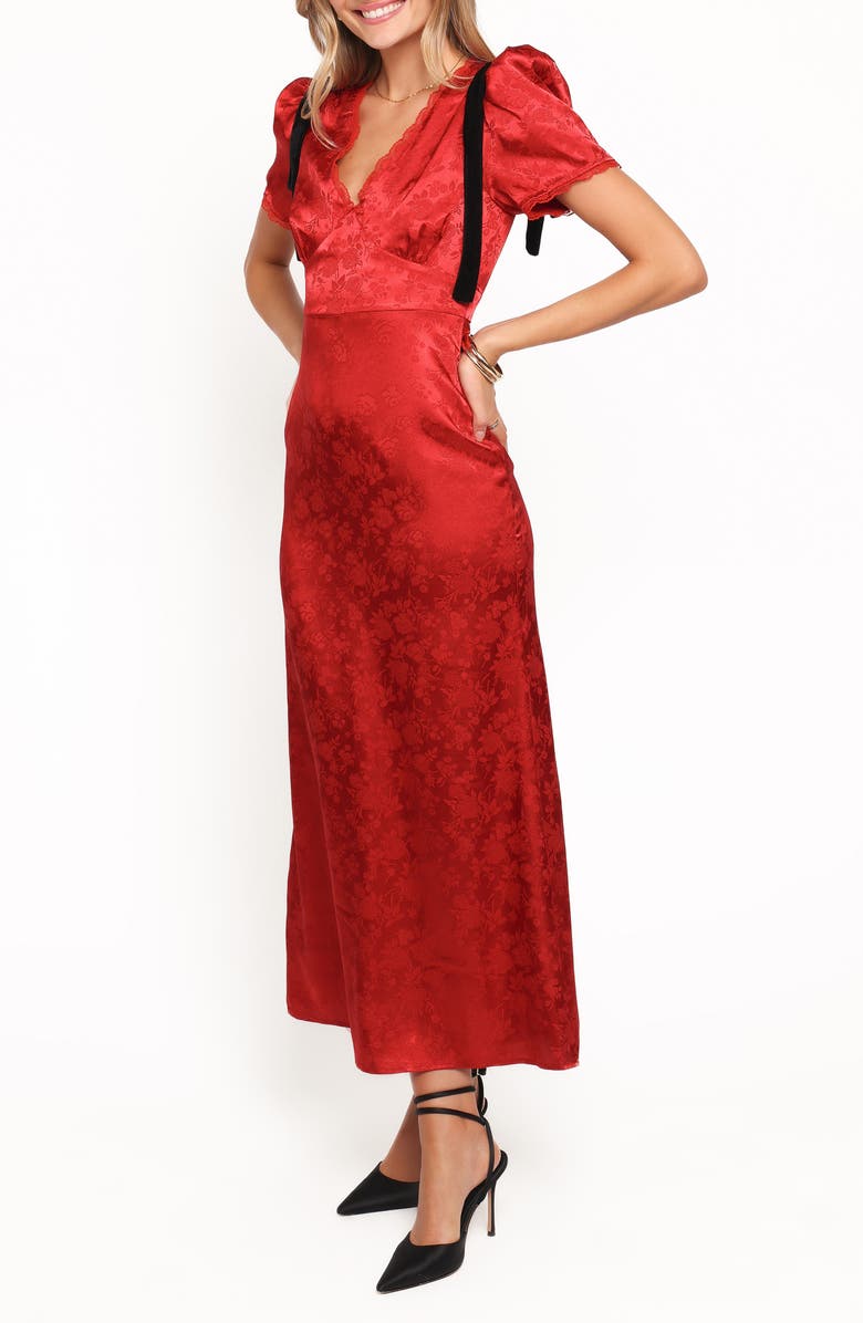 Petal & Pup Lomandra Brocade & Velvet Tie Maxi Dress, Alternate, color, Red Jacquard