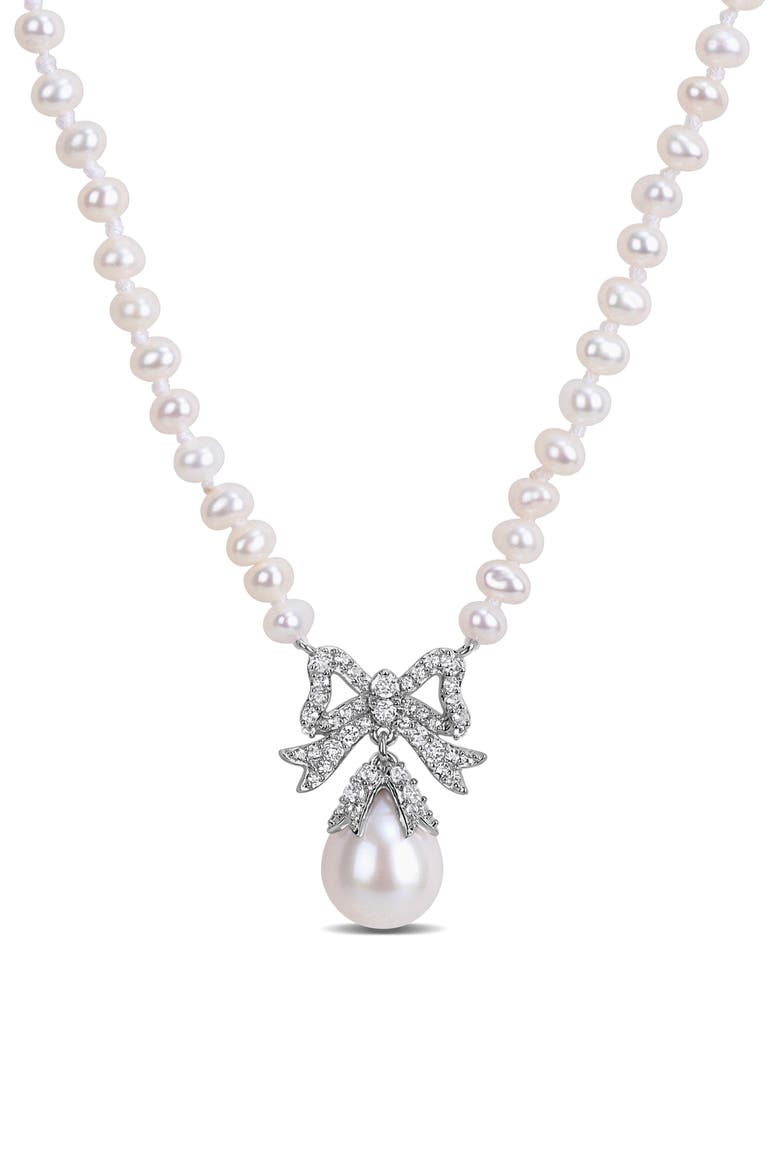 Freshwater Pearl Bow Pendant Necklace, Main, color, METALLIC SILVER