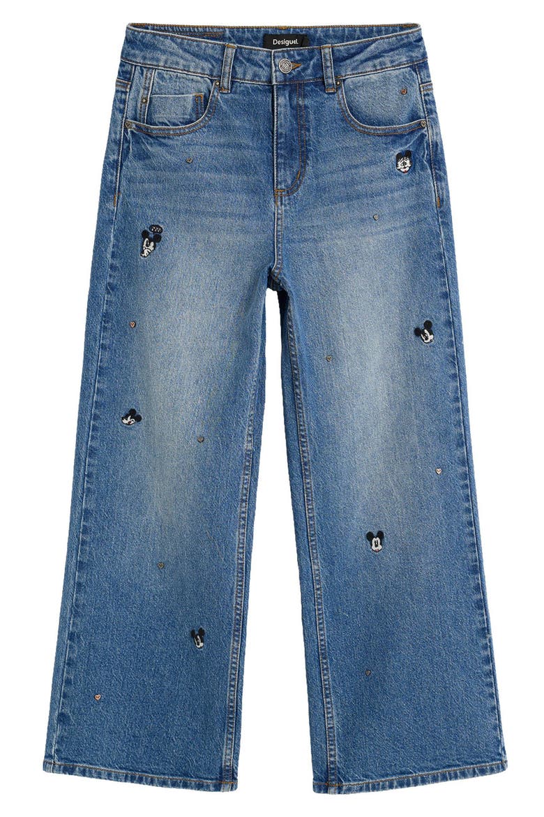 Mickey Mouse Embroidered High Waist Wide Leg Jeans, Alternate, color, LIGHT BLUE