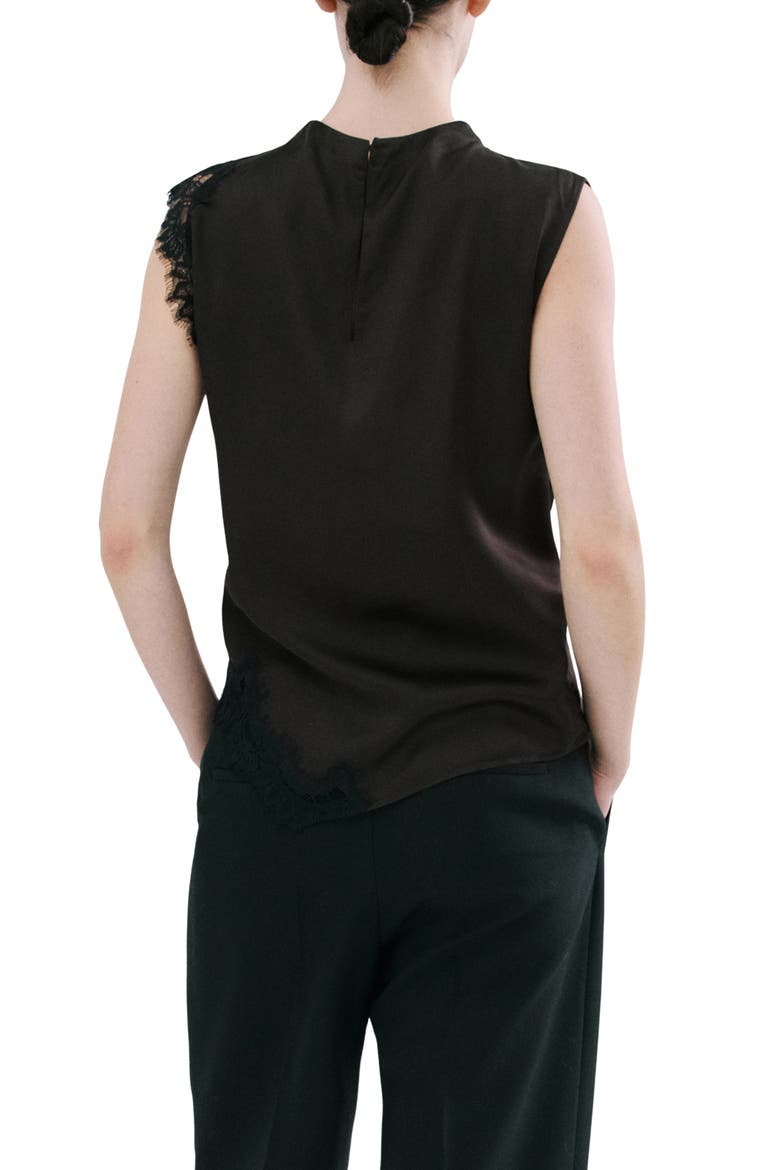 Lace Trim Asymmetric Satin Top, Alternate, color, BROWN