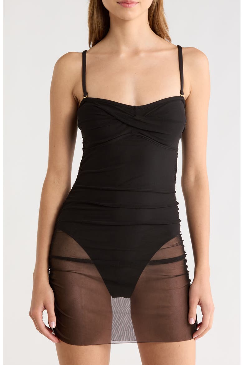 Radlee Strapless Mesh Overlay Skirted One-Piece Swimsuit, Alternate, color, BLACK SOLID