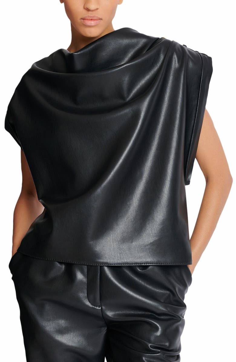 Balmain Faux Leather Draped Top, Alternate, color, Black
