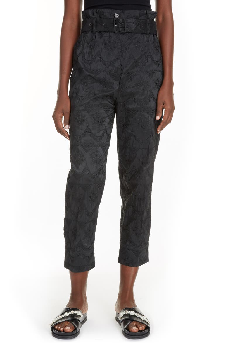 Embroidered Taffeta Paperbag Waist Trousers, Main, color, BLACK