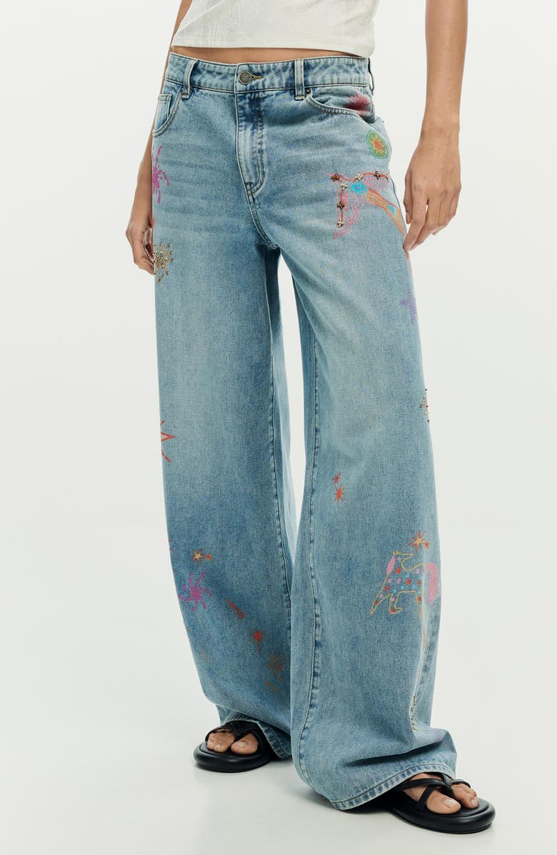Desigual Beaded Wide Leg Jeans, Main, color, Light Blue