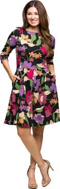 24seven Comfort Apparel Floral Fit and Flare Pocket Knee Length Dress