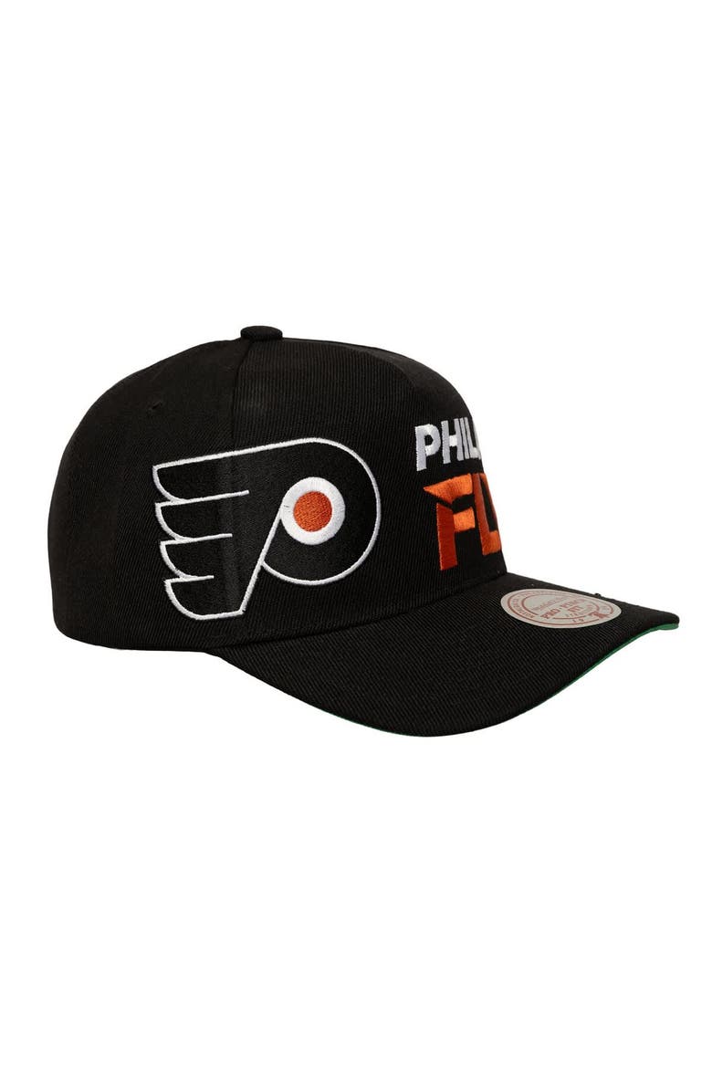 Men's Mitchell & Ness  Black Philadelphia Flyers Busted Logo Wordmark Wrap-Around Pro Pinch Adjustable Hat, Alternate, color, Black
