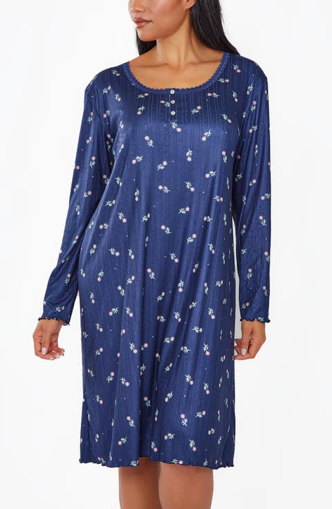 Floral Pointelle Knit Long Sleeve Sleep Dress