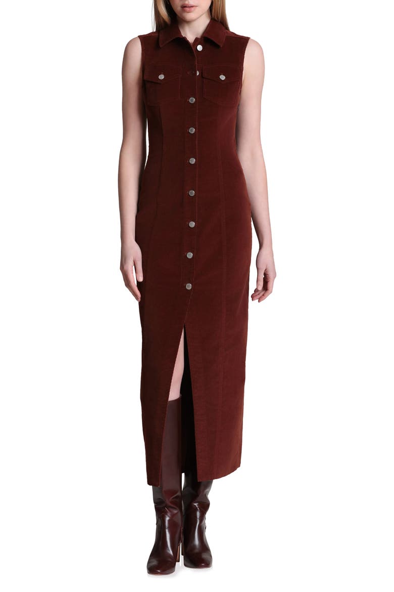 Sleeveless Stretch Corduroy Dress, Main, color, COGNAC