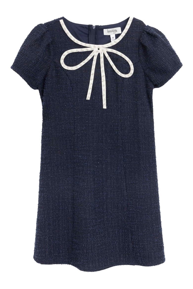 Kids' Bow Accent Bouclé Dress, Main, color, NAVY