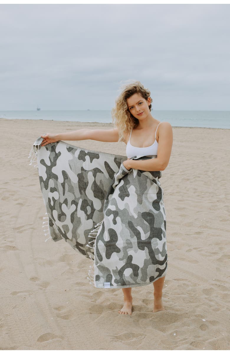 InfuseZen Camo Print Organic Sand Resistant Reversible Turkish Towel, Alternate, color, Black