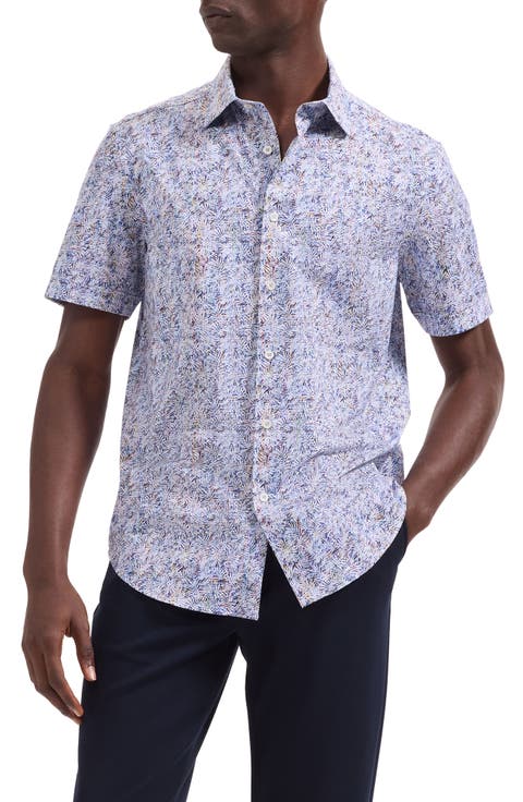 Miles OoohCotton® Tropical Leaf Print Short Sleeve Button-Up Shirt