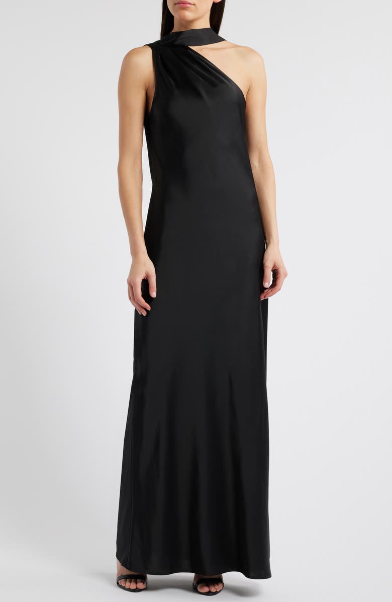WAYF The Avery One-Shoulder Satin Gown, Main, color, Black