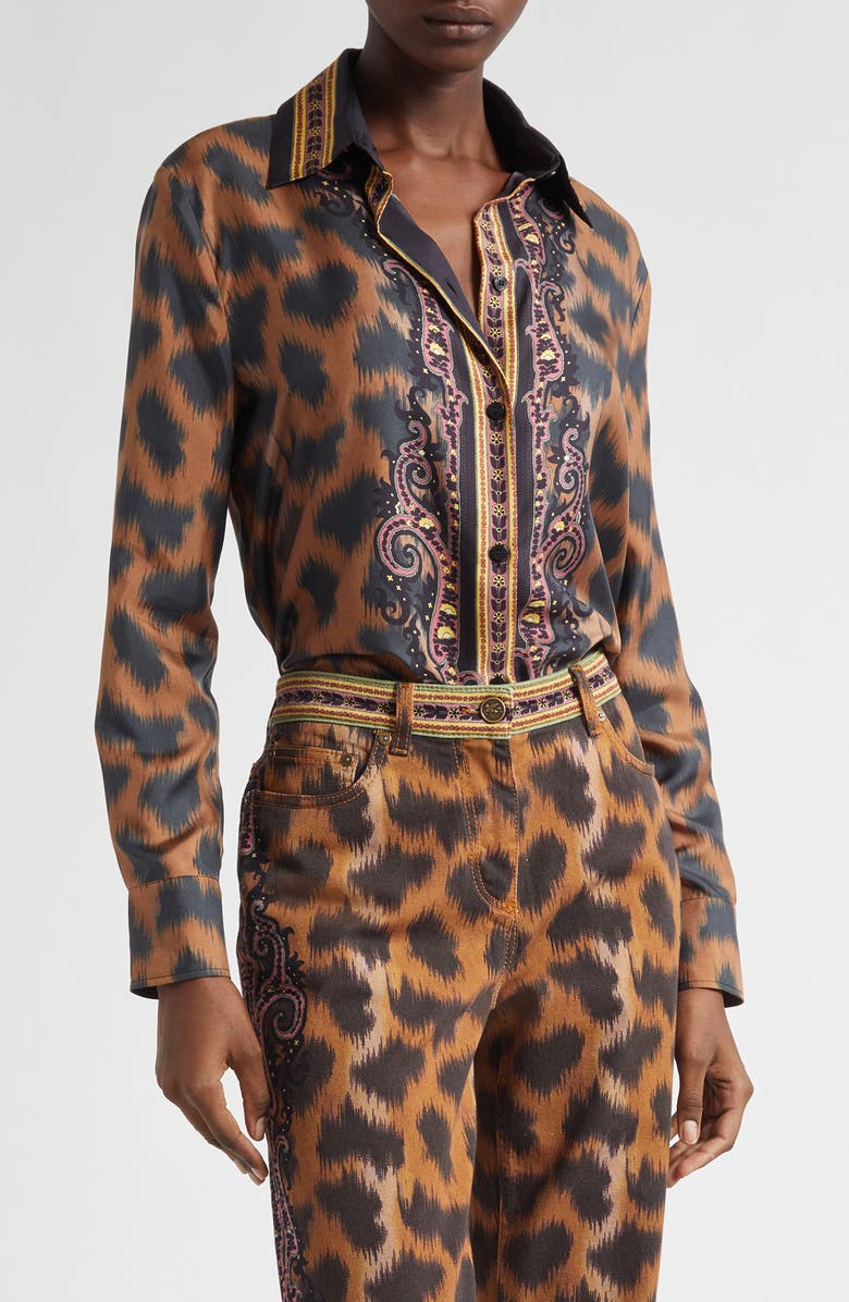 Etro Leopard Silk Twill Button-Up Shirt, Main, color, Dark Brown