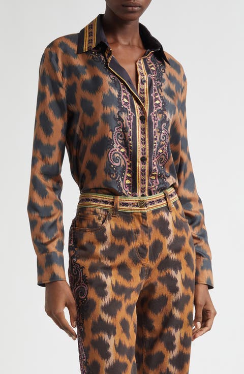 Leopard Silk Twill Button-Up Shirt