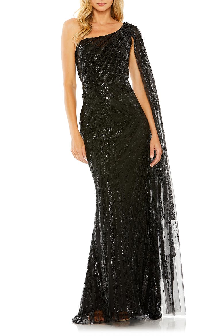 One Shoulder Cape Sleeve Embellished Gown, Main, color, BLACK