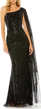 Mac Duggal Women's Sequin One-Shoulder Evening Gown with Sheer Cape Sleeve