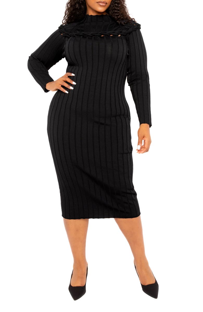 BUXOM COUTURE Knot Detail Long Sleeve Sweater Dress, Main, color,