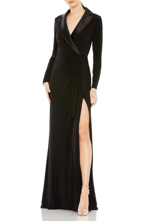 Long Sleeve Faux Tuxedo Gown