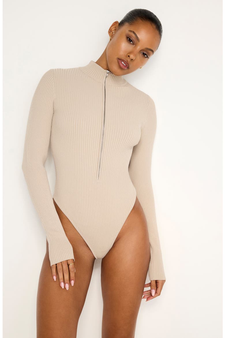 Virgo Long Sleeve Rib Thong Bodysuit, Alternate, color, SHORTBREAD005