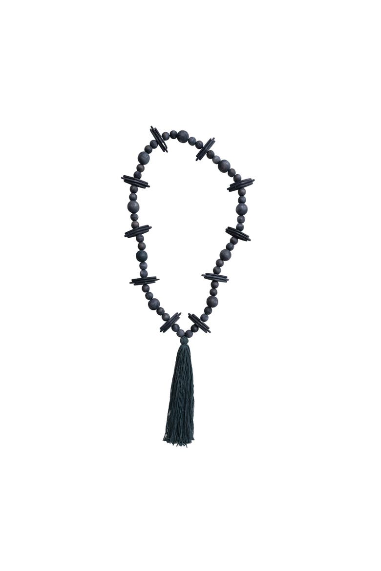 Oak Wood Bead Garland with Cotton Tassel, Black, Main, color, Black