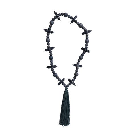 Oak Wood Bead Garland with Cotton Tassel, Black