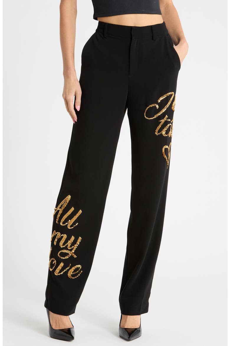 Love Letter Sequin High Waist Wide Leg Pants, Main, color, BLACK/ GOLD