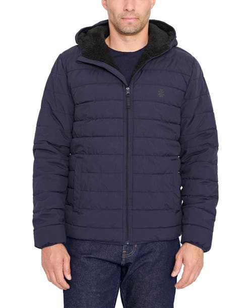 Izod Hooded Stretch Puffer Jacket With Fleece Lining In Blue