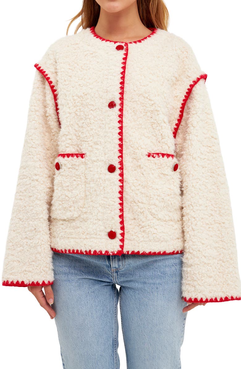 English Factory Premium Contrast Trim Faux Shearling Jacket, Alternate, color, Ivory