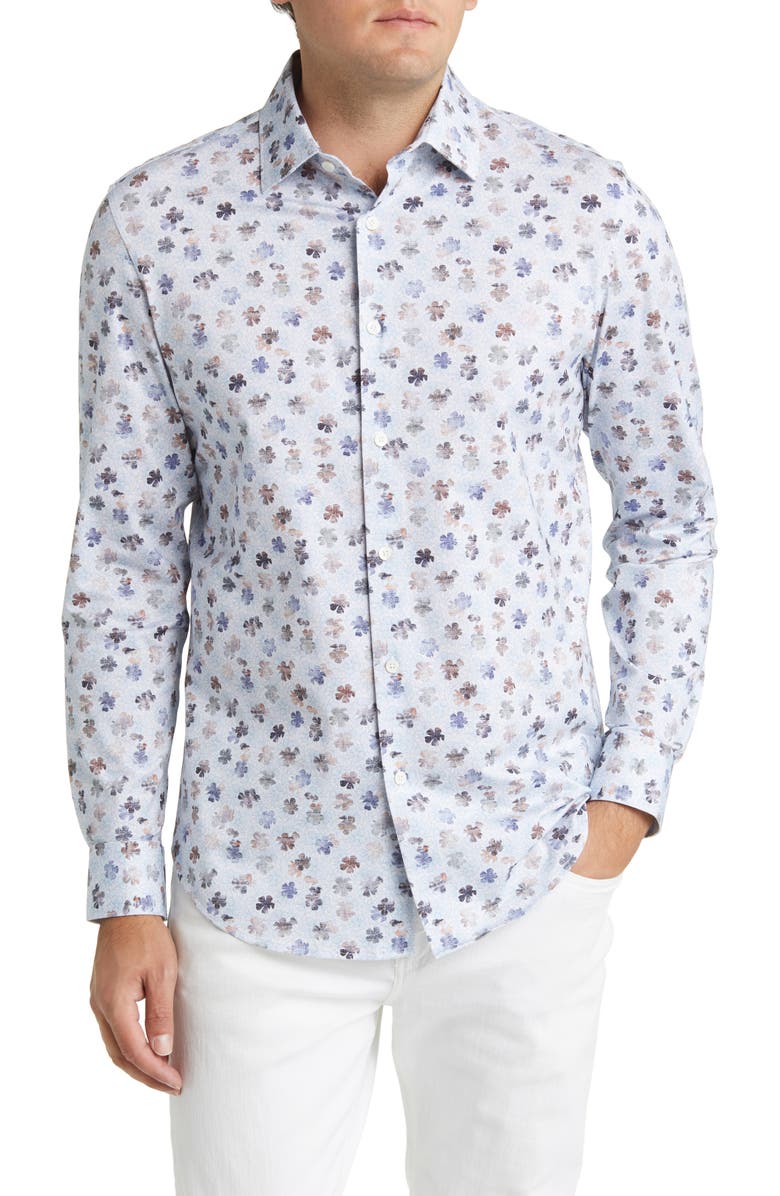 Bugatchi OoohCotton<sup>®</sup> Print Button-Up Shirt, Main, color, Classic Blue