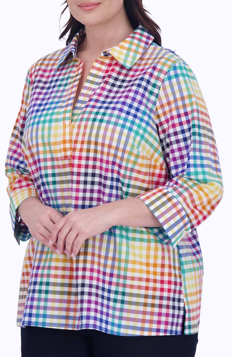 Foxcroft Sophia Rainbow Gingham Three-Quarter Sleeve Cotton Popover Shirt, Alternate, color, 